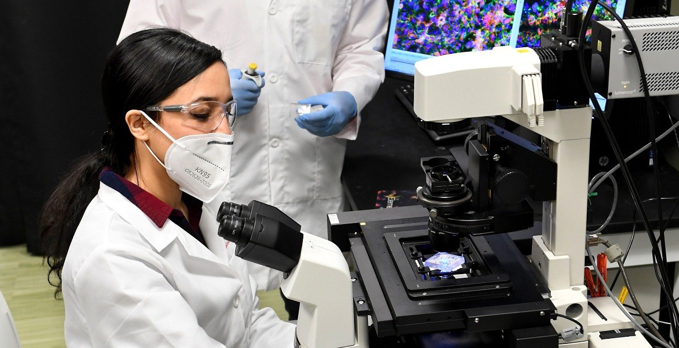 Researcher working at a microscope