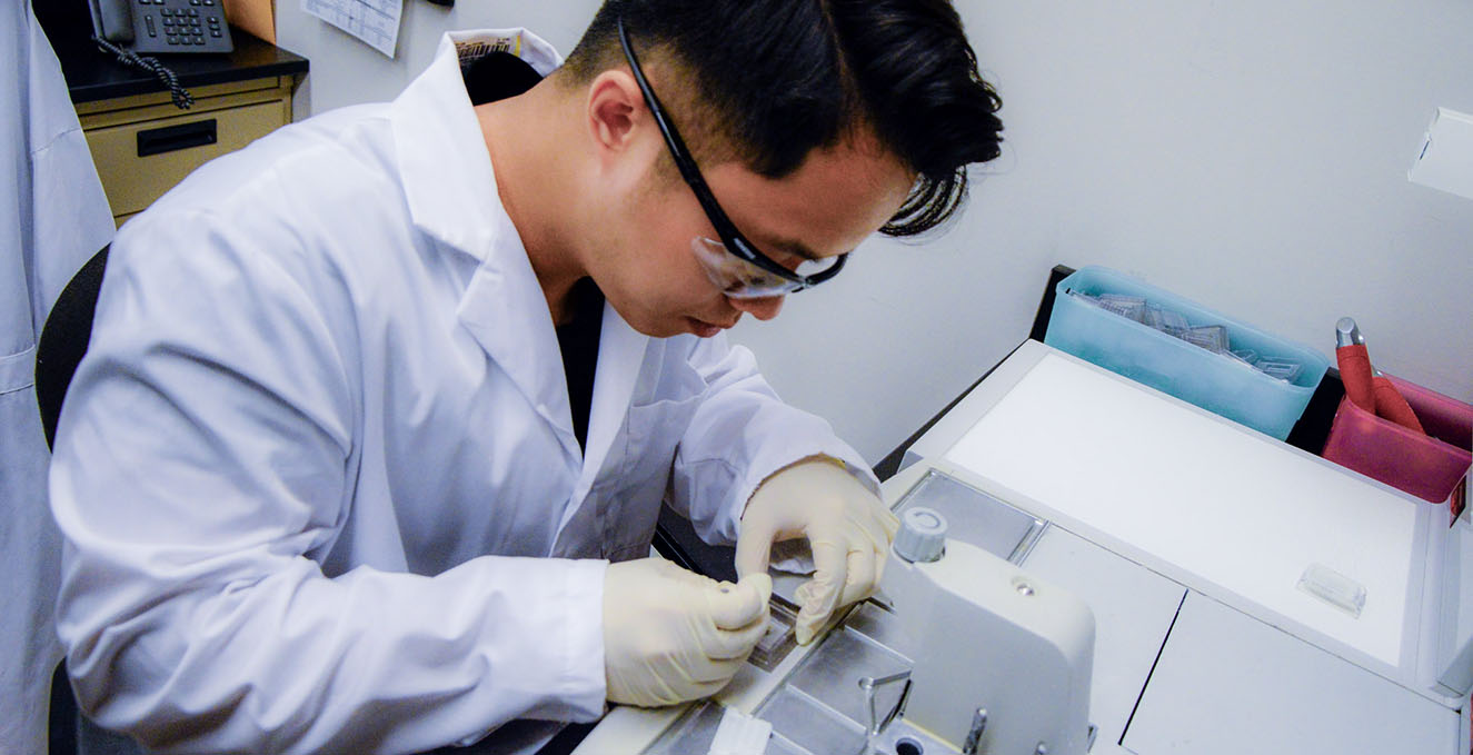 researcher working with a lab device