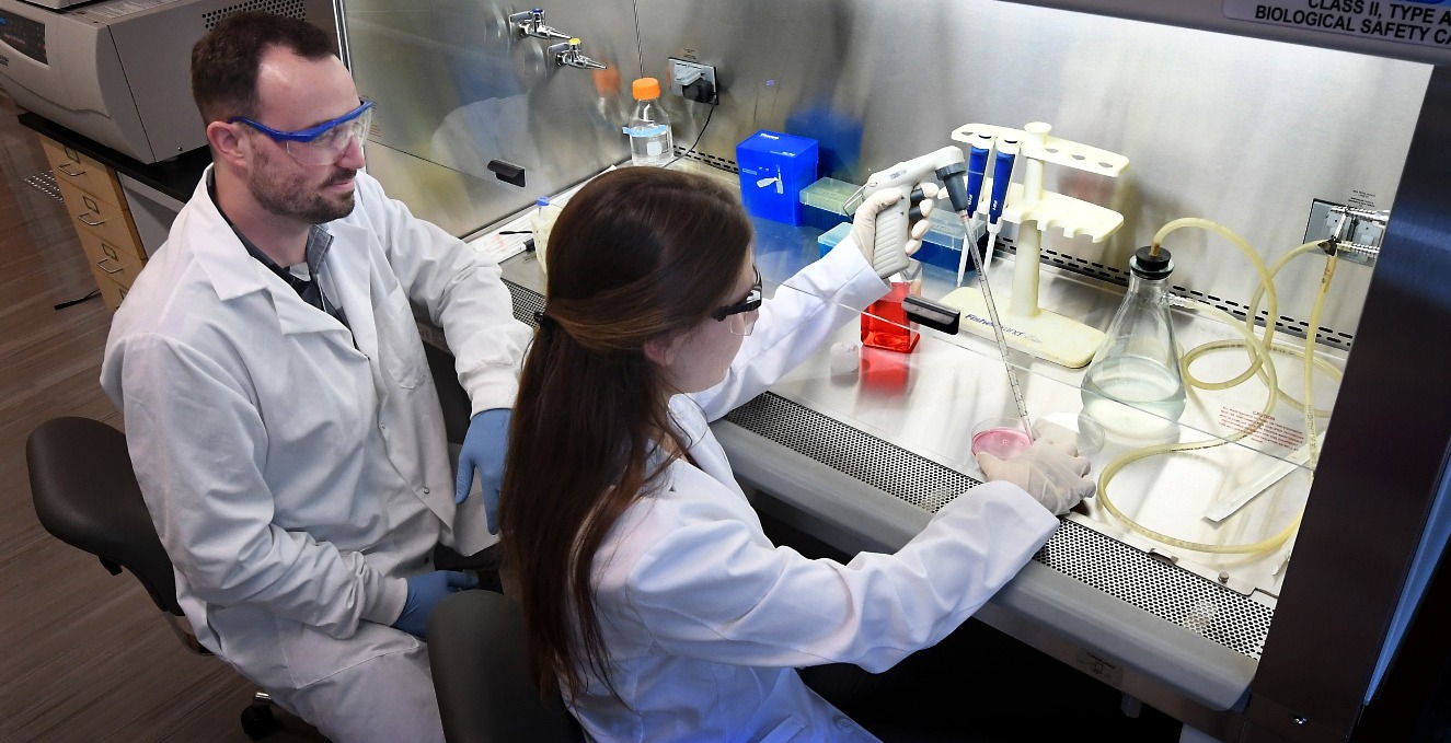 Two researchers working behind a shield